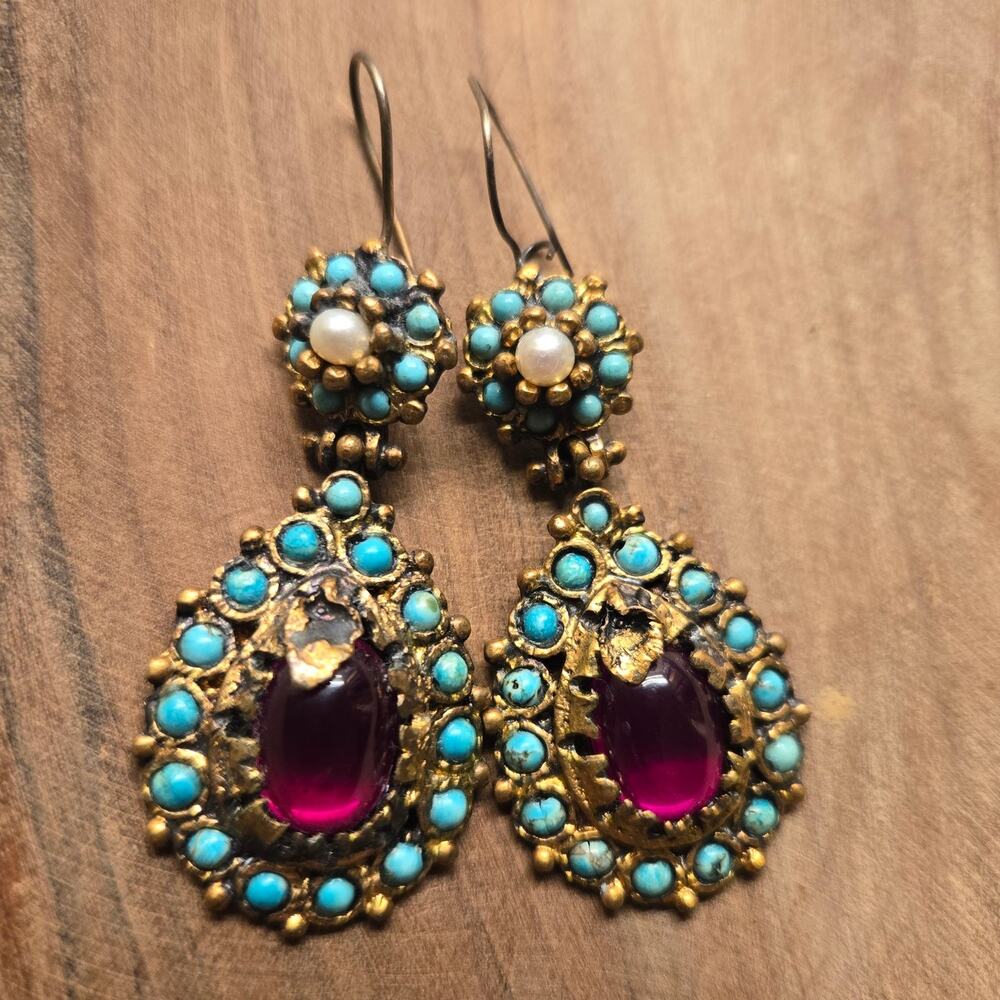 Antique Victorian Austro Hungarian Style Drop Earrings Red Stone Turquoise
